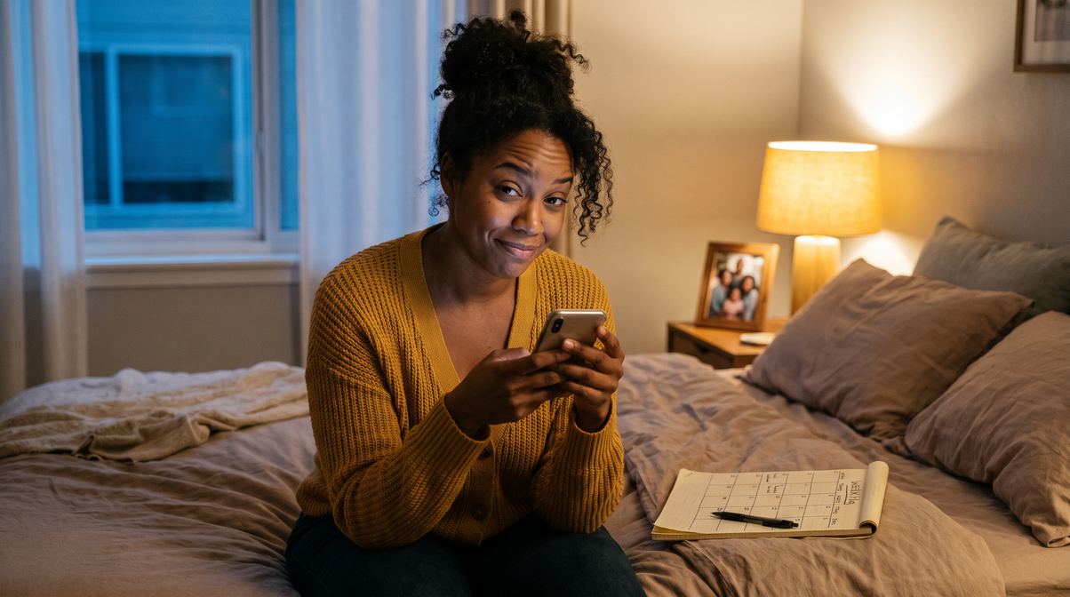 A woman on the edge of her bed scrolling through a long family group chat, notepad beside her