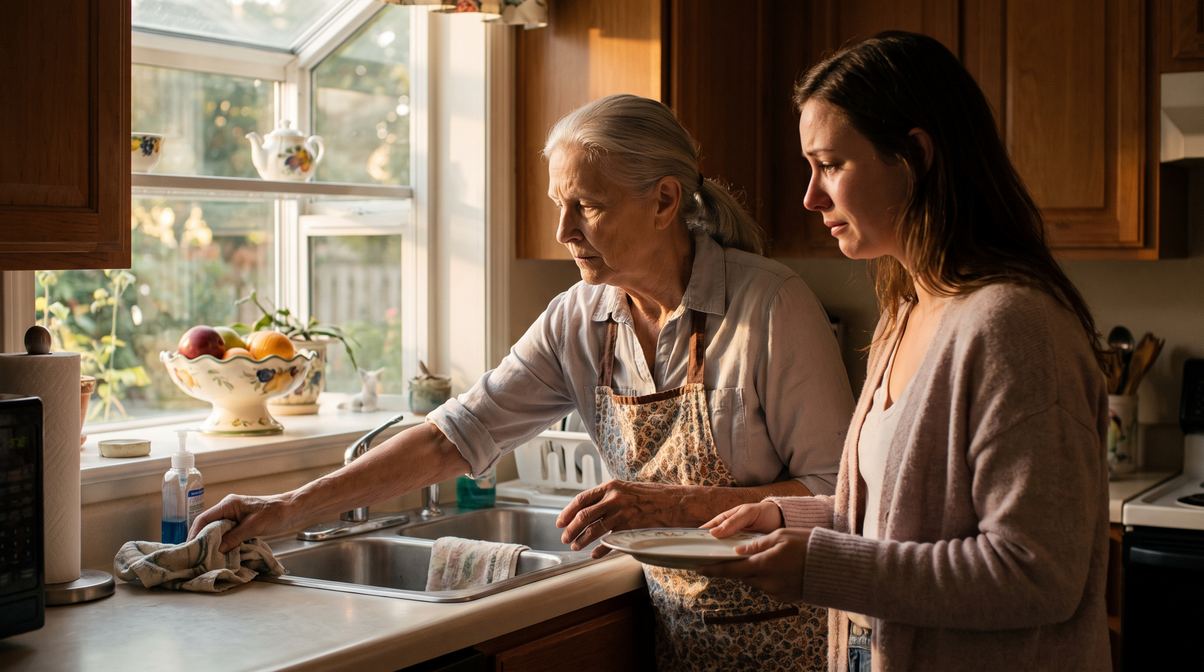 A daughter drying dishes beside her mother at the sink, pausing to look at her mother's hands