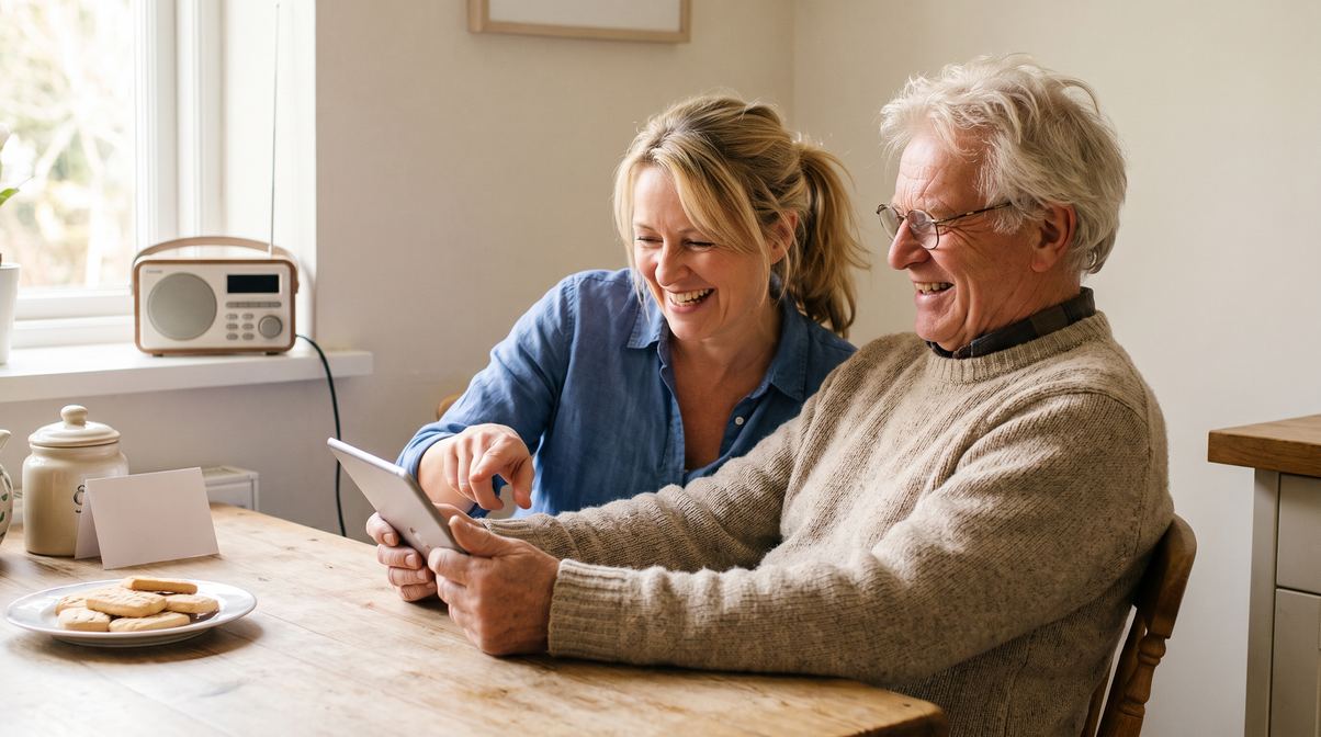 A father squinting at a tablet while his daughter points at the screen, both laughing