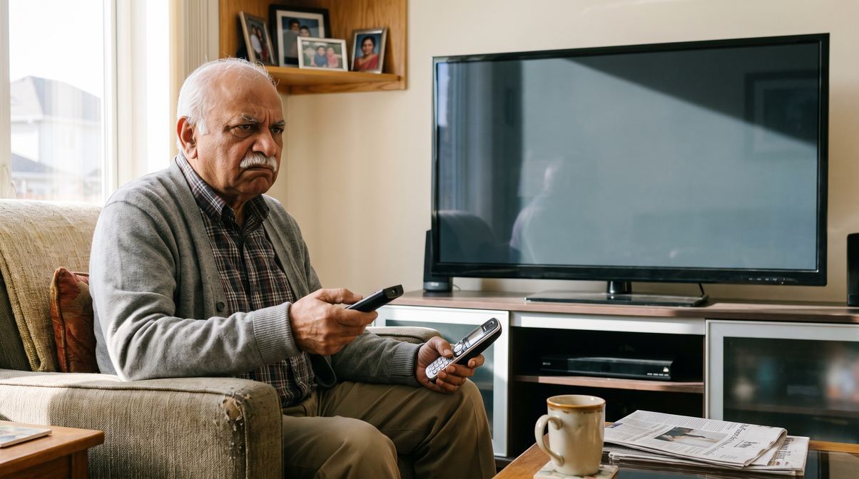 An older father in his armchair holding the remote and the phone, frowning at a blank television